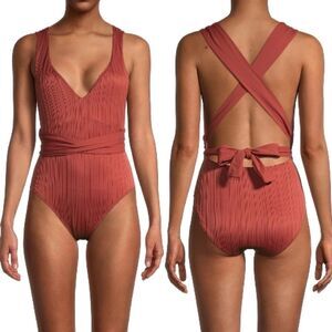 Time and Tru Women's Rusty Brick Wrap One-Piece Swimsuit with Tie Waist Size XL
